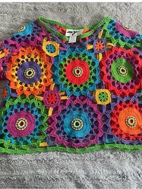 Vintage MY Brand Multicolor Crochet Scoop-Neck Sweater - Bright Rainbow